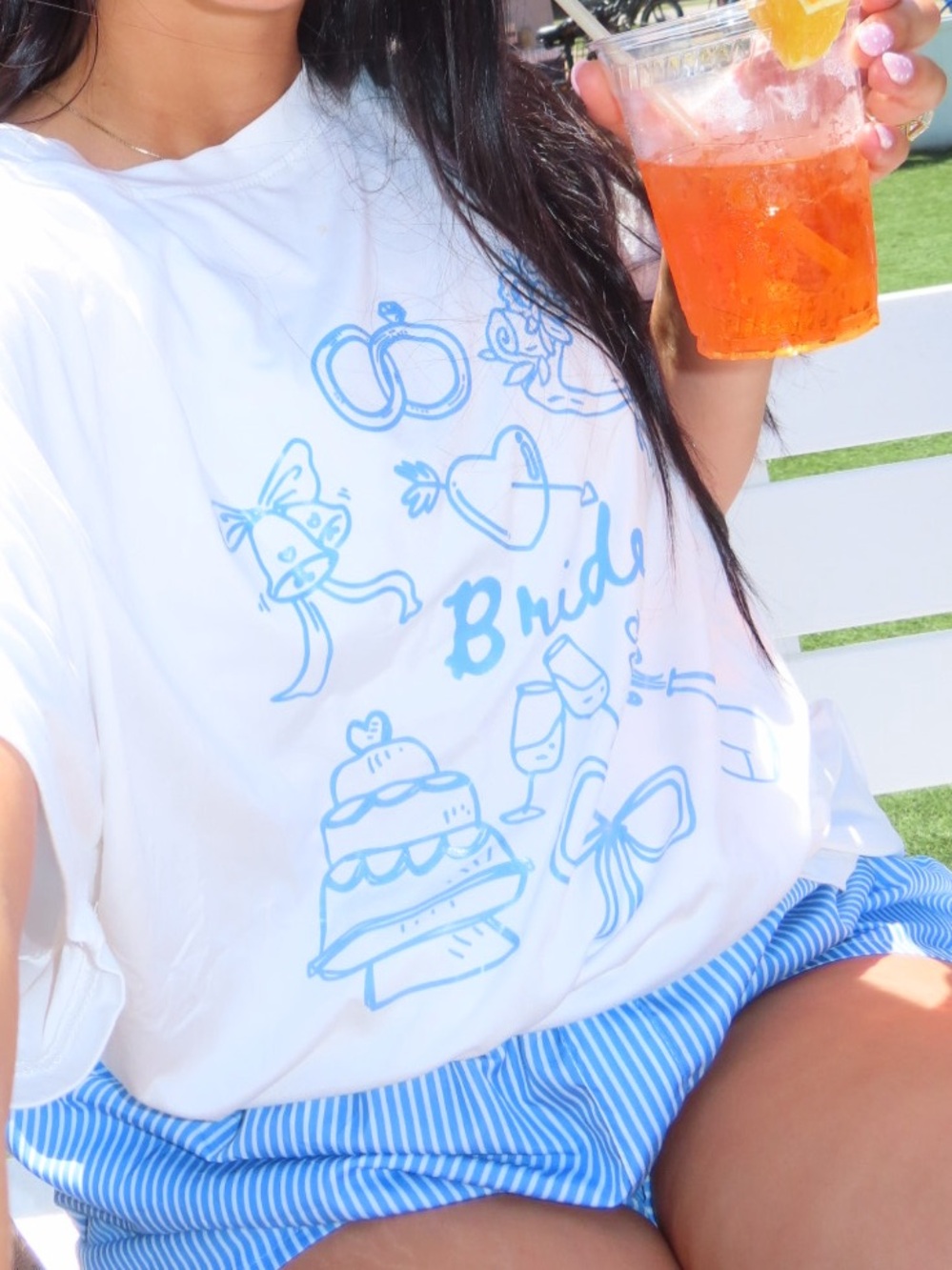 White 'Bride' Graphic Tee with Light Blue Print